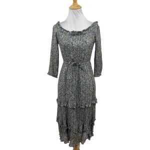 Anthropologie Dress Women 0 Kira Off Shoulder Floral Waist Tie Metallic Tiered